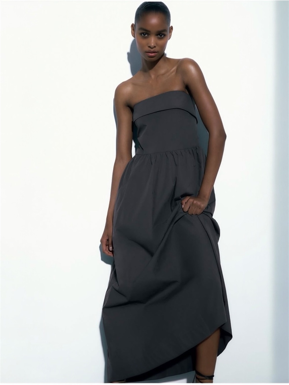 ZARA Chocolate Brown Strapless Maxi Dress XS Smocked Back Flowy Tube Dress